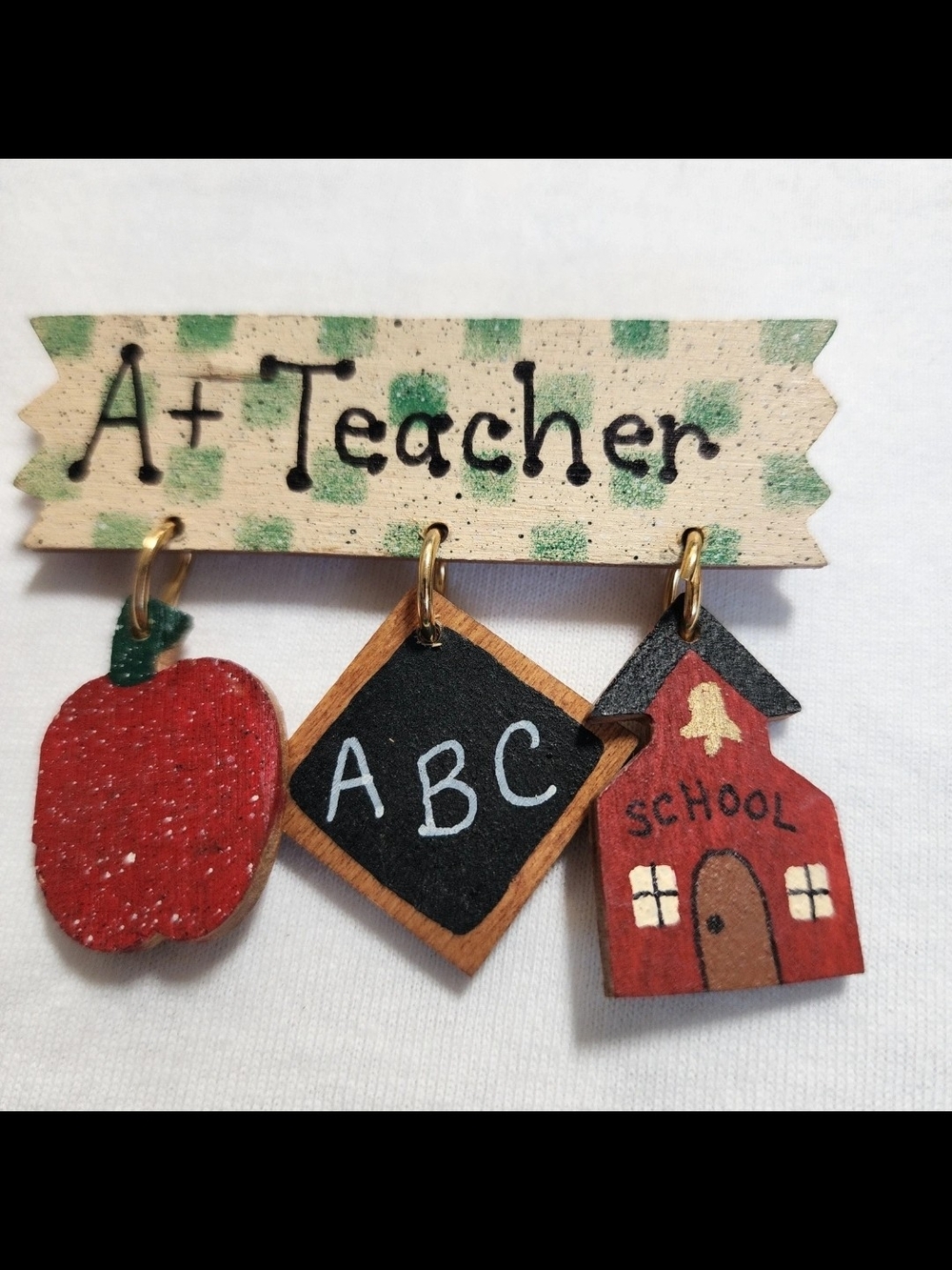 Vintage Wood A+ Teacher Brooch Pin Apple Schoolhouse Chalkboard 3”